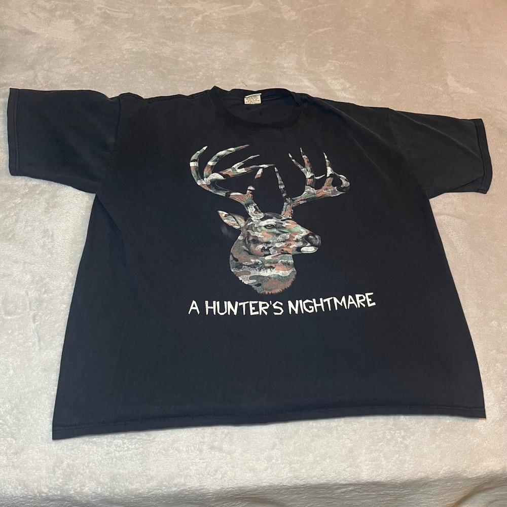 A Hunters Nightmare Camo Deer Buck‎ Graphic T-Shirt Black Mens 2XL Hunting Tee
